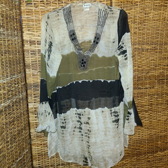 Paris Paris Blouse Sheer Beaded Sequins Bell Sleeve Tunic Length BEAUTIFUL!! M - Picture 1 of 7